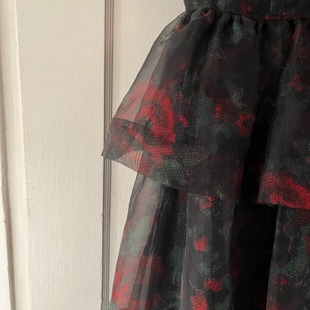 Tiered Rose-Print Organza Dress - Black Red | Size: M | US 6 | UK36 - Picture 6 of 11